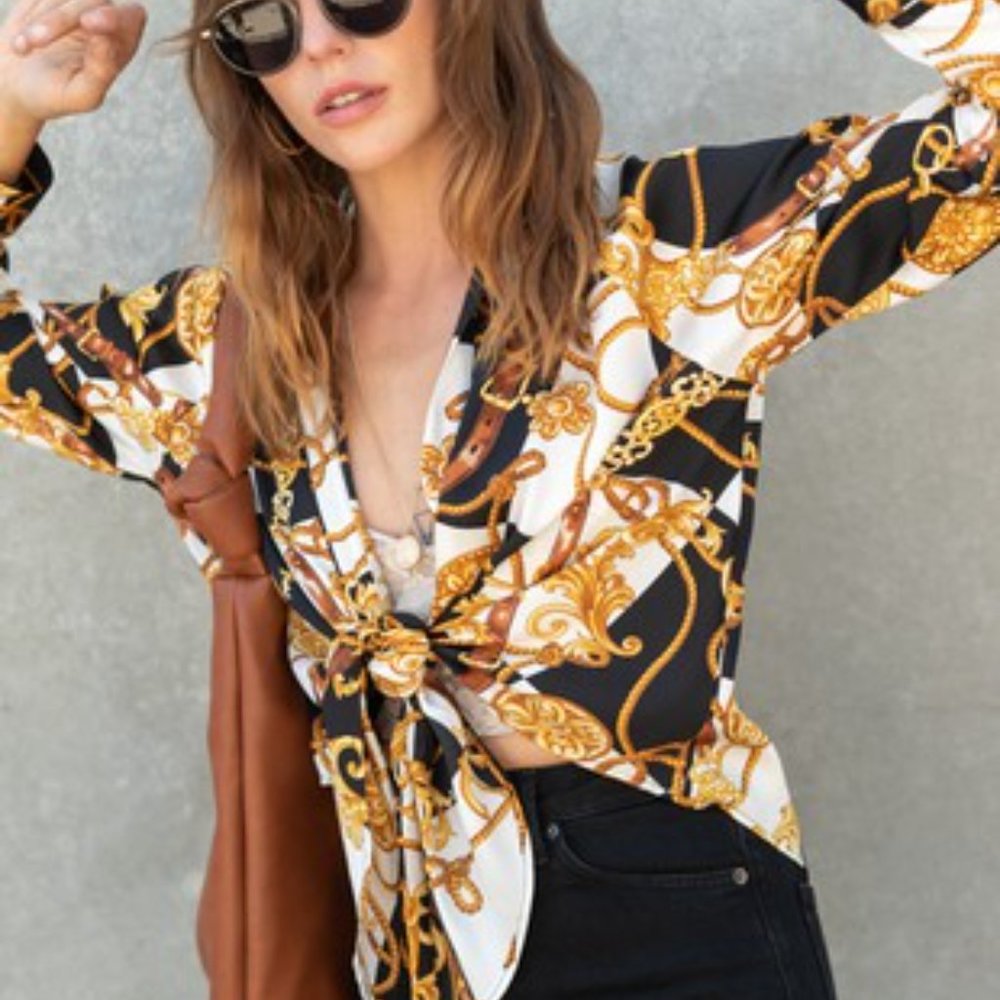 Front-Tie White and Gold Long Sleeve Top